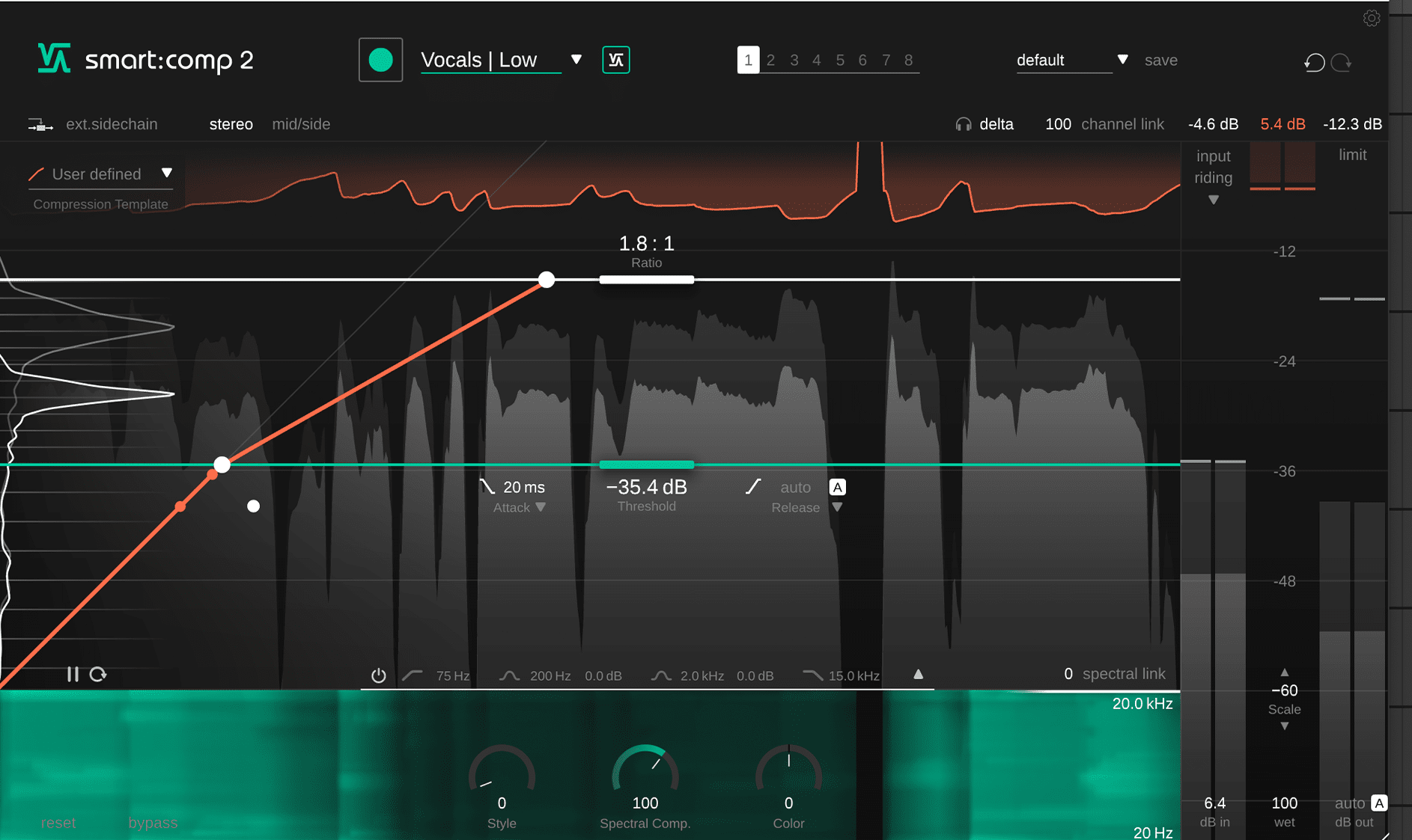 example of an interface of sonible's smart:comp 2 with a chosen vocal low profile