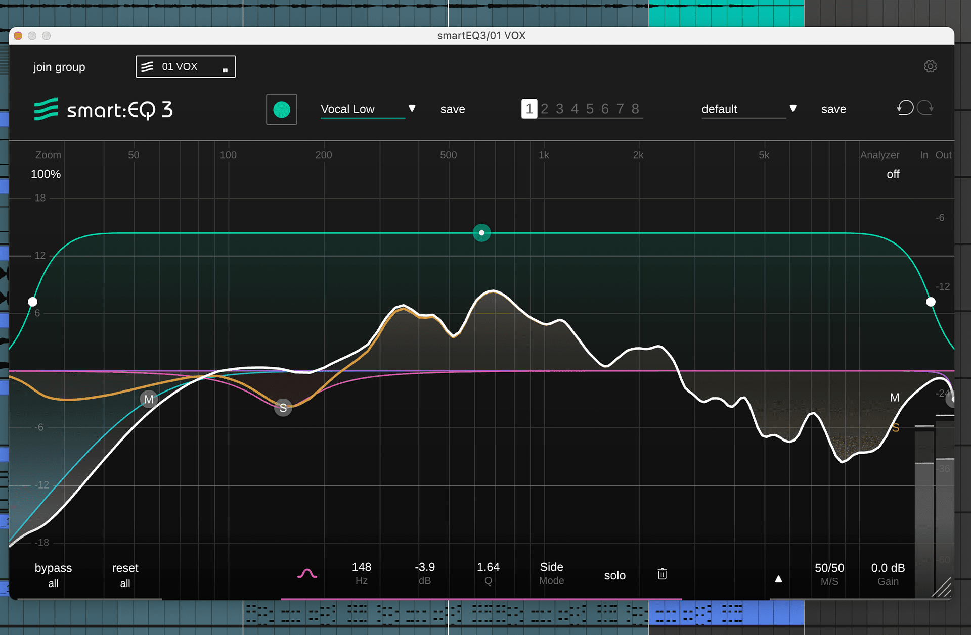 Platzierung eines Low Cut Side Filter in sonibles smart:EQ 3 Audio Plug-In