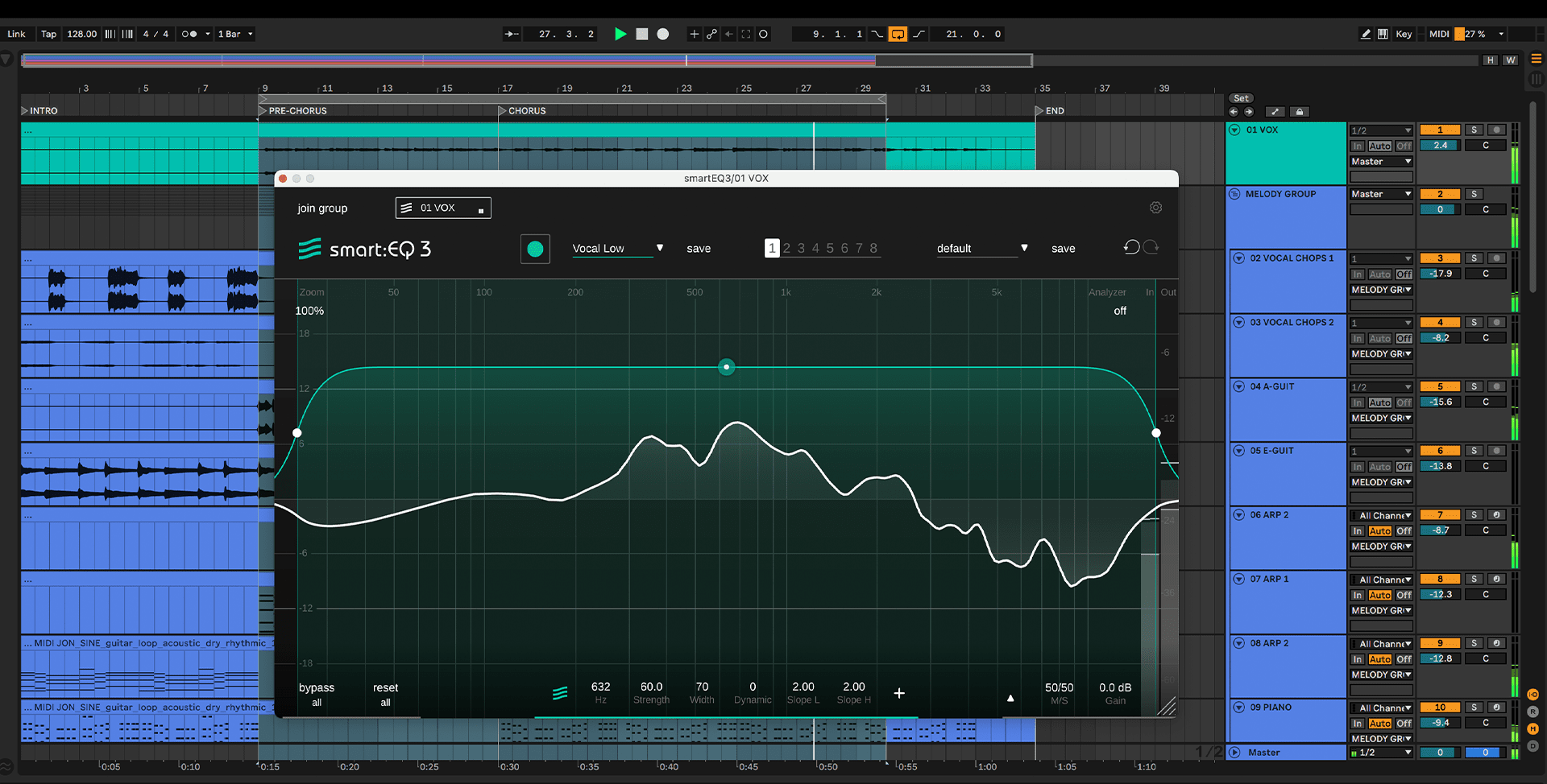 Offenes Fenster in sonible smart:EQ 3 mit dem vordefinierten "Vocal low" Profil