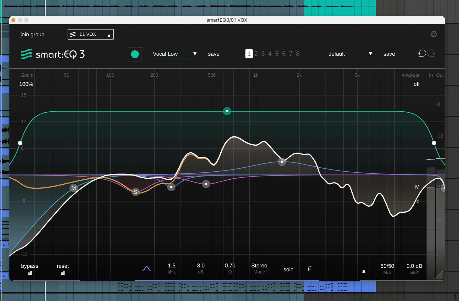 Placing a bell filter at 1000 - 2000 hZ in sonible's smart:EQ 3 audio plugin