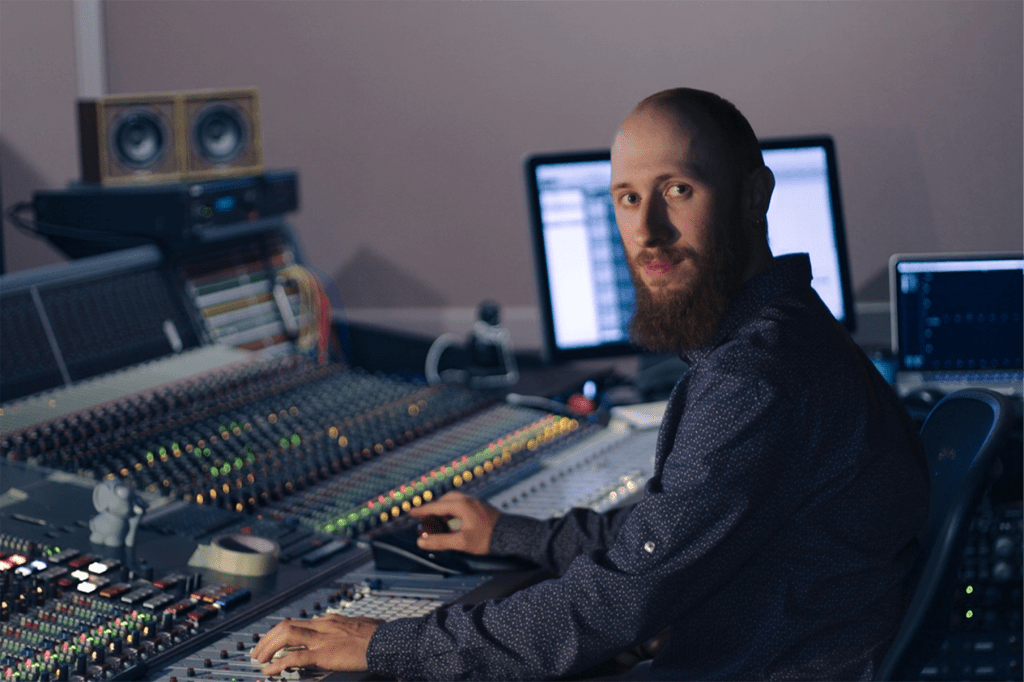 Sound engineer Oleg “Yorshoff” Yershov working in his audio production studio