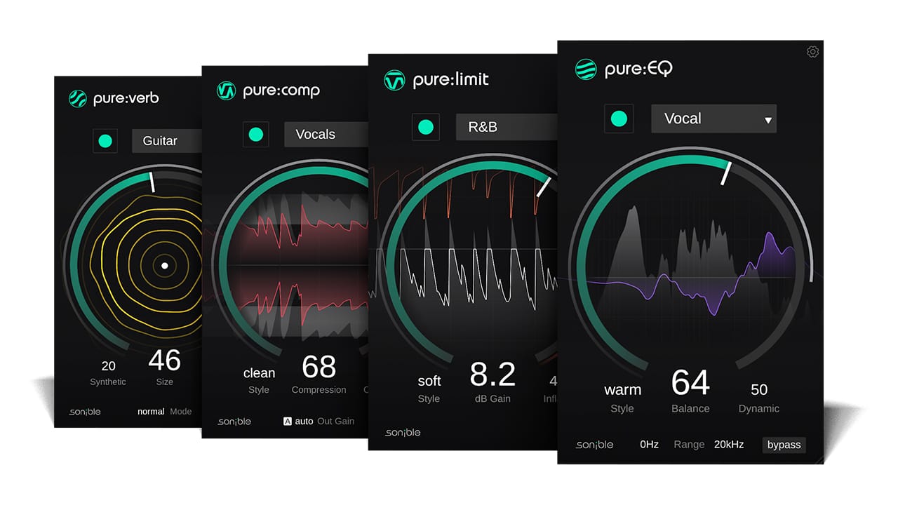 pure:bundle by sonible with EQ, limiter, compressor and reverb 